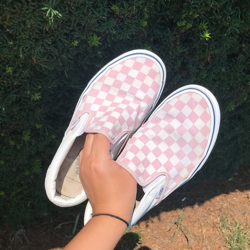 Pink & White Checkered Slip On Vans